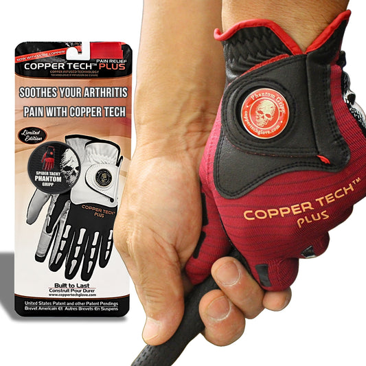 Copper Tech Golf Glove for men with spooky ball marker, red and black color, skeleton design and copper compression