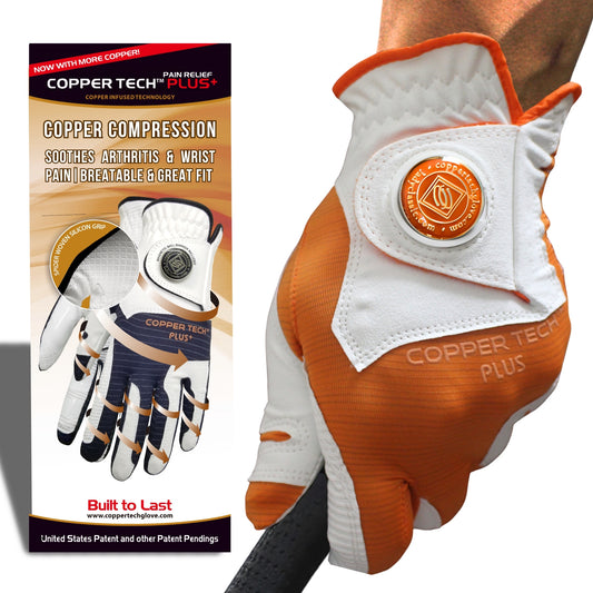 Orange Copper Tech Golf Glove for men with ball marker, cool color, and copper compression