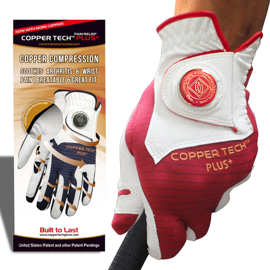 Copper Tech Golf Glove for men with ball marker, Red color, and copper compression