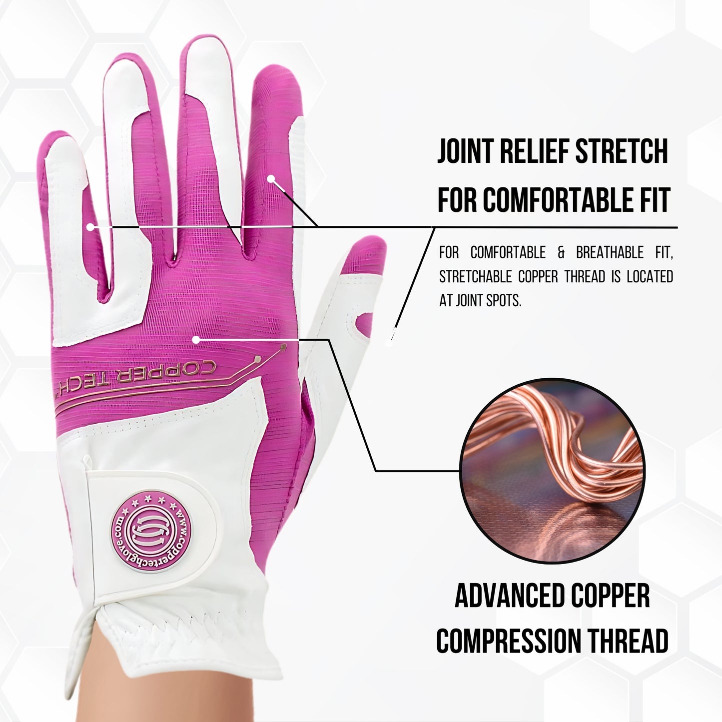 Copper Tech Women Golf Gloves 2 Pack (White/Pink)