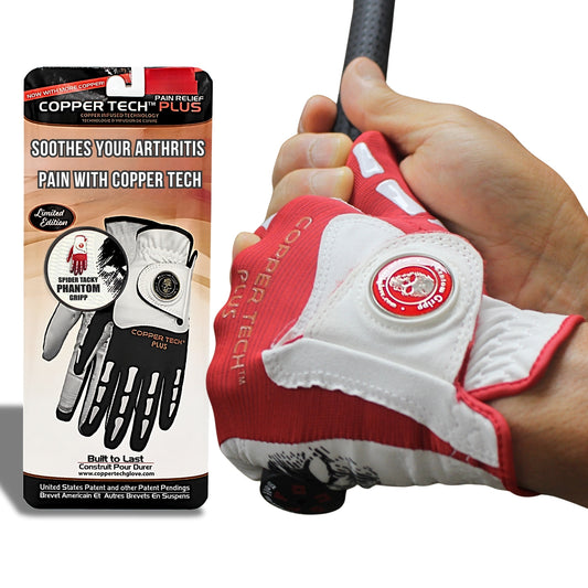 Copper Tech Golf Glove for men with spooky ball marker, red and white color, skeleton design and copper compression